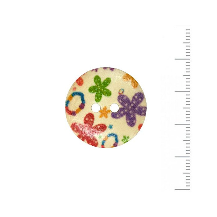 Bouton en bois à motif fleuri 25 mm - Grandes Fleurs Multicolores