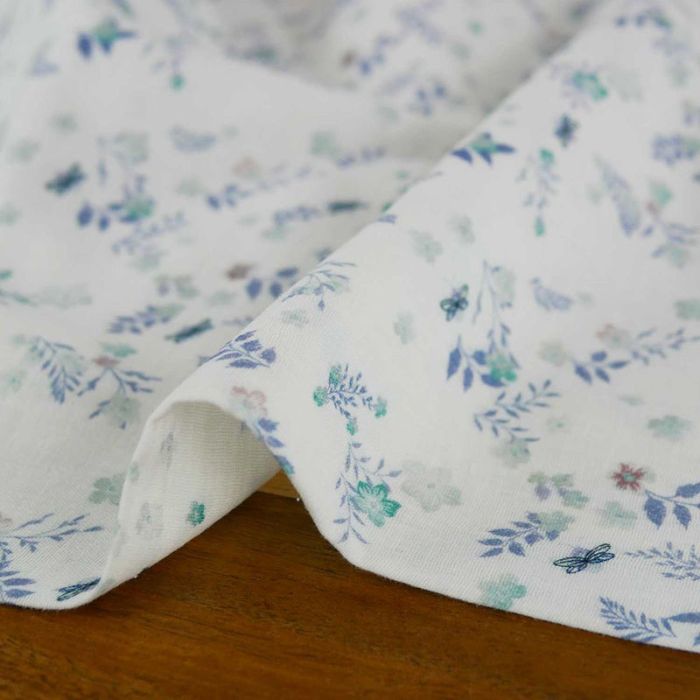 Tissu Double Gaze Cueillette Fleurs Bleu