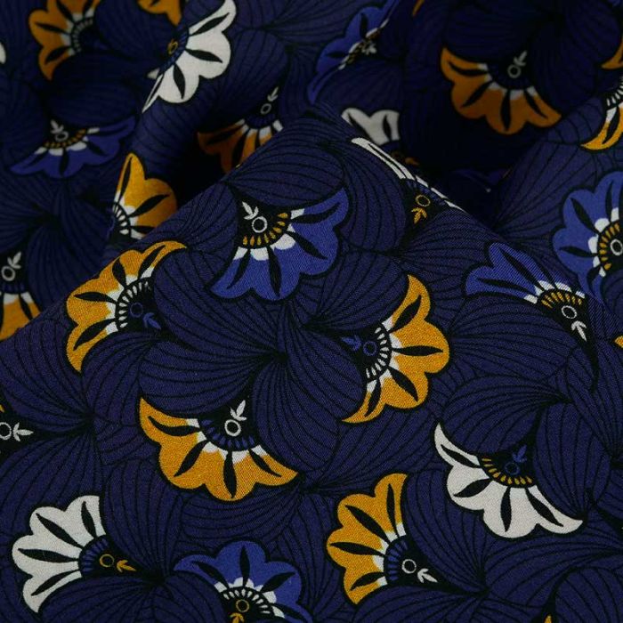 Tissu viscose fleurs africaines - bleu marine x 10 cm