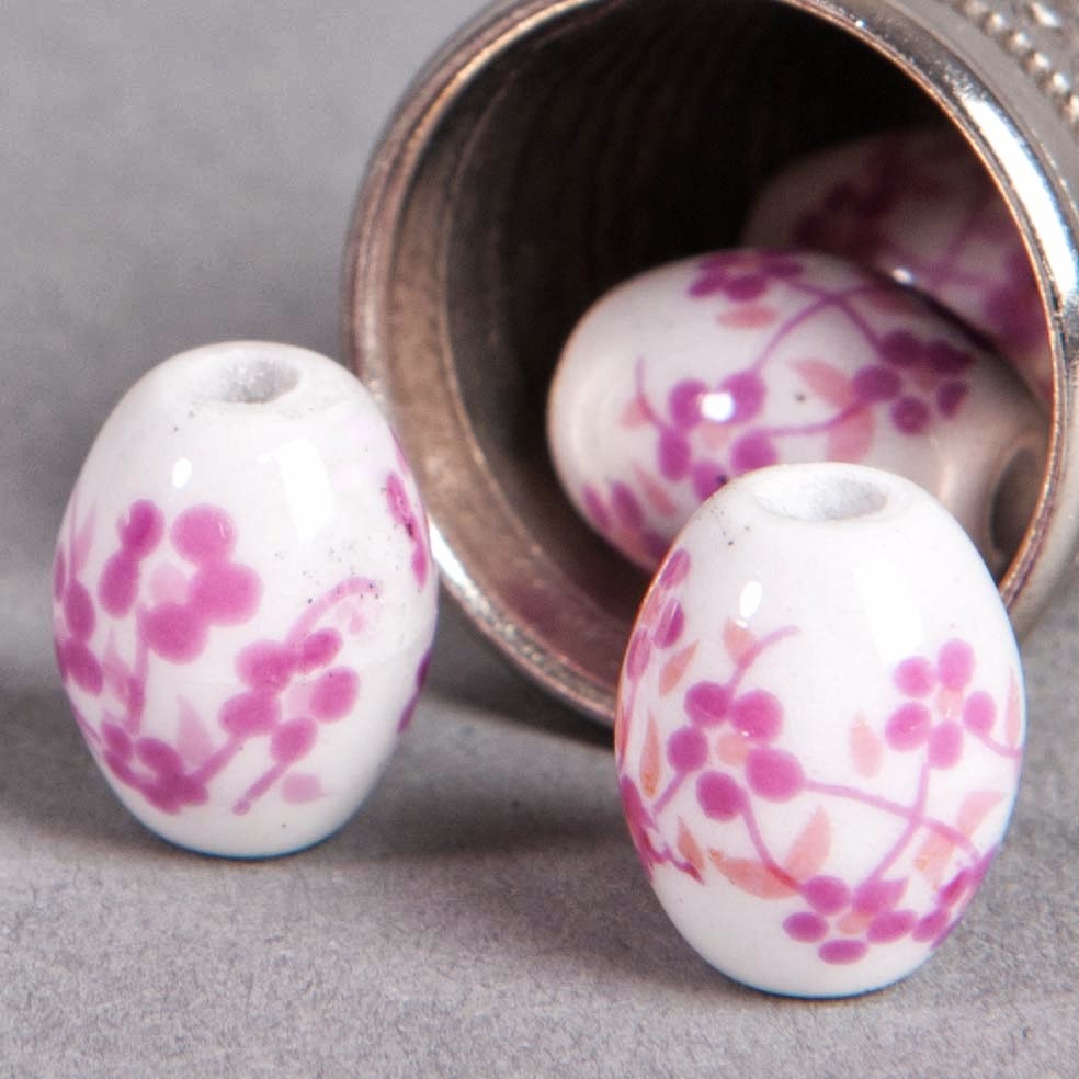 Perle ovale en céramique blanche, fleur rose, 10mm, perles et apprêts