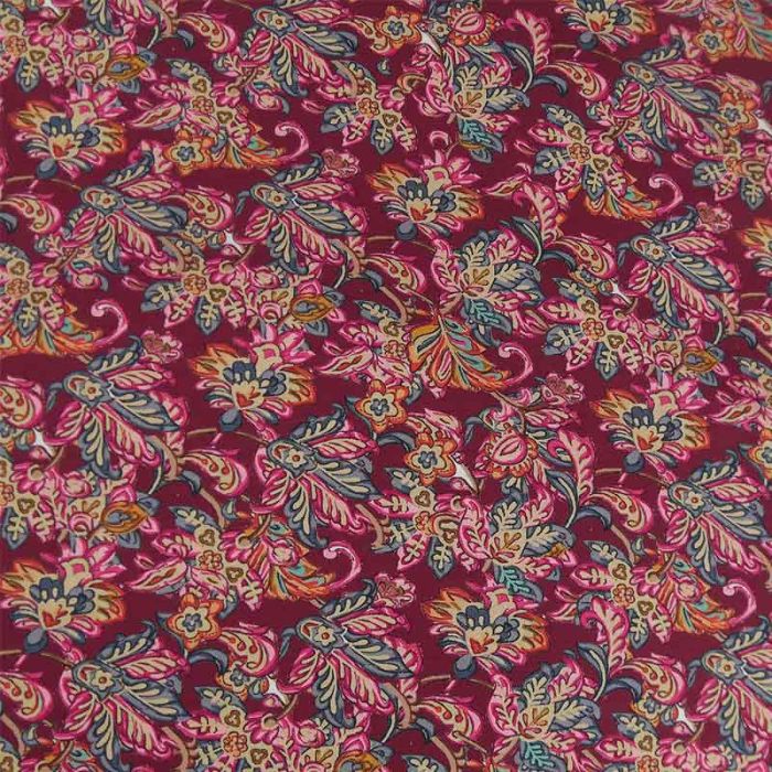 Tissu viscose fleurs persanes - bordeaux x 10 cm