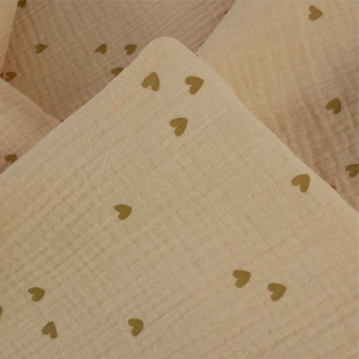 Tissu double gaze coeurs beige - nude x 10 cm