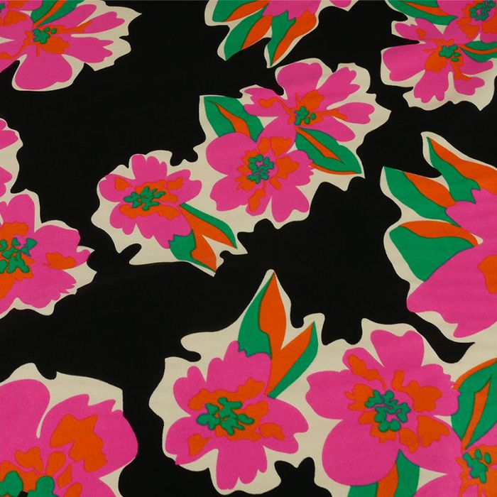 Tissu twill viscose fleurs abstraites fuchsia - noir x 10 cm