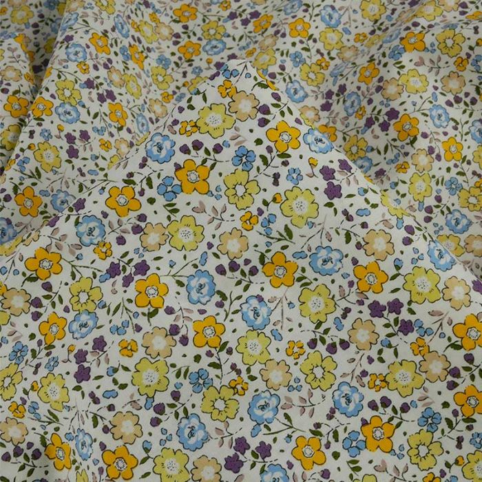 Tissu popeline coton petites fleurs - jaune x 10 cm