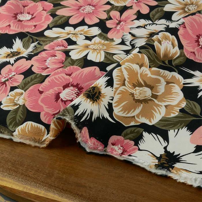 Tissu twill viscose stretch fleurs anciennes - noir x 10 cm