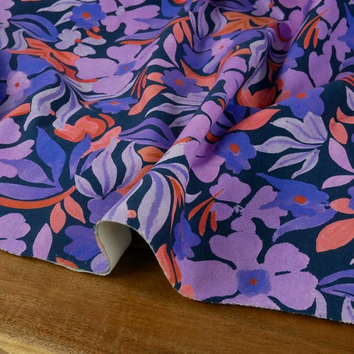 Tissu jersey fin fleurs violettes - bleu marine x 10 cm