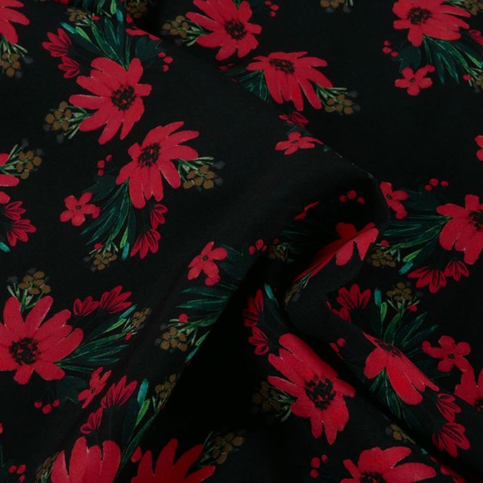 Tissu viscose à fleurs rouges - noir x 10 cm