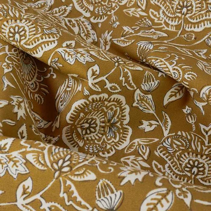 Tissu coton demi-natté fleurs pivoines - ocre x 10 cm