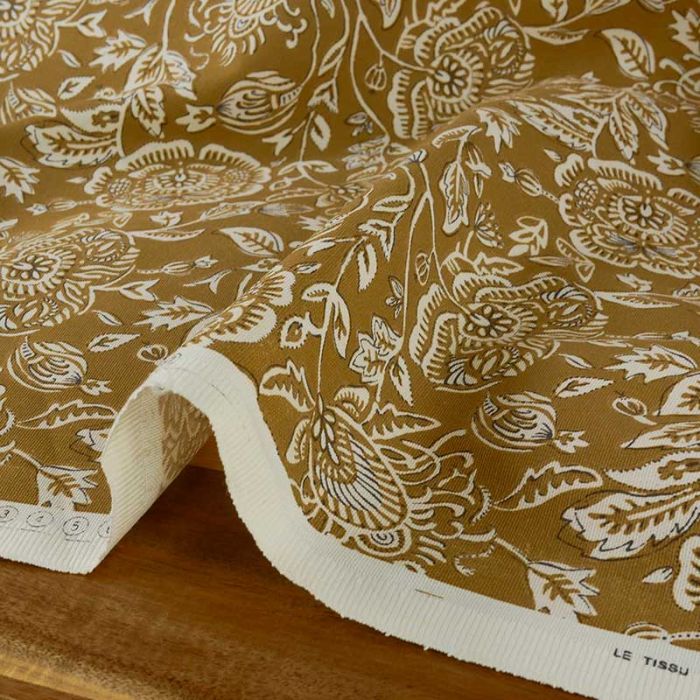 Tissu coton demi-natté fleurs pivoines - ocre x 10 cm