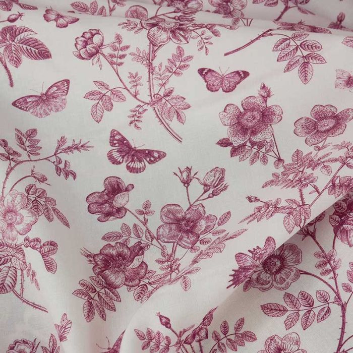 Tissu viscose gravure fleurs et papillons - bordeaux x 10 cm