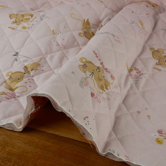 Tissu matelassé réversible souricettes - rose x 10 cm