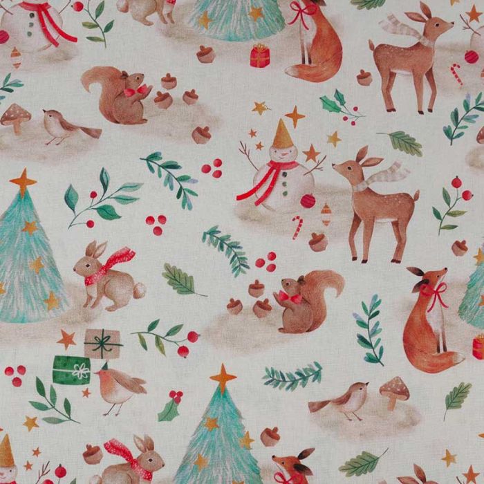 Tissu popeline coton animaux de Noël - blanc x 10 cm