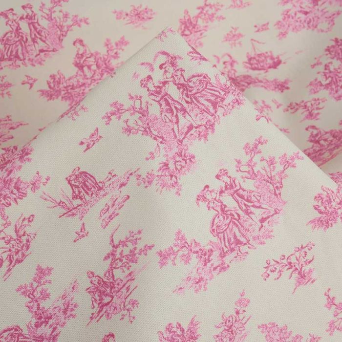 Tissu demi-natté toile de Jouy - rose x 10 cm