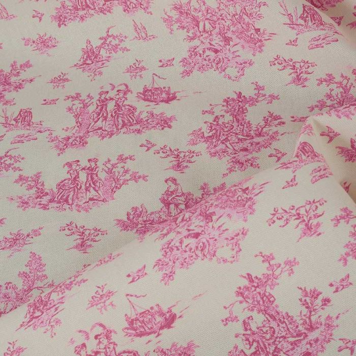 Tissu demi-natté toile de Jouy - rose x 10 cm