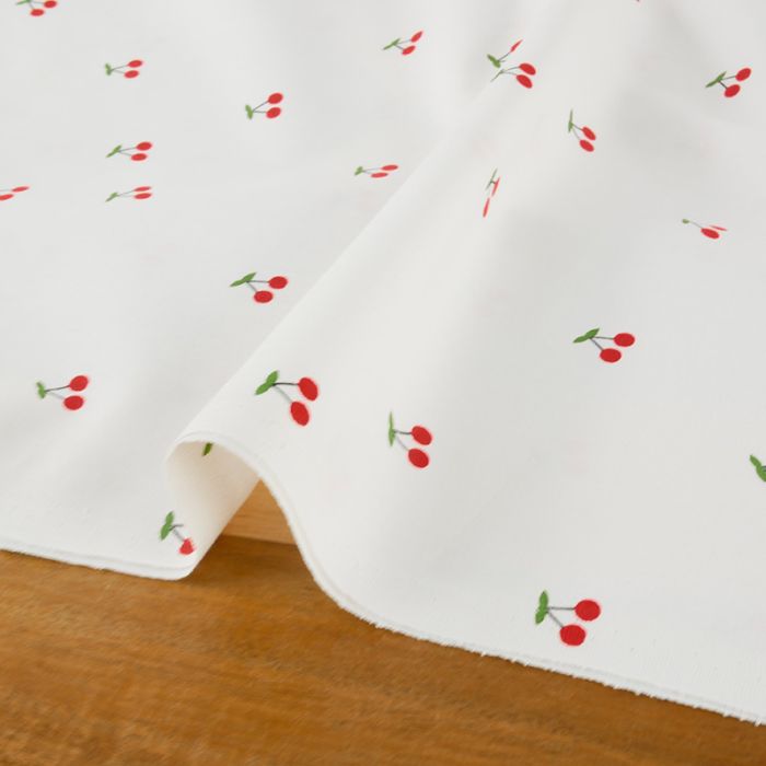 Tissu popeline coton motifs cerises - blanc x 10cm