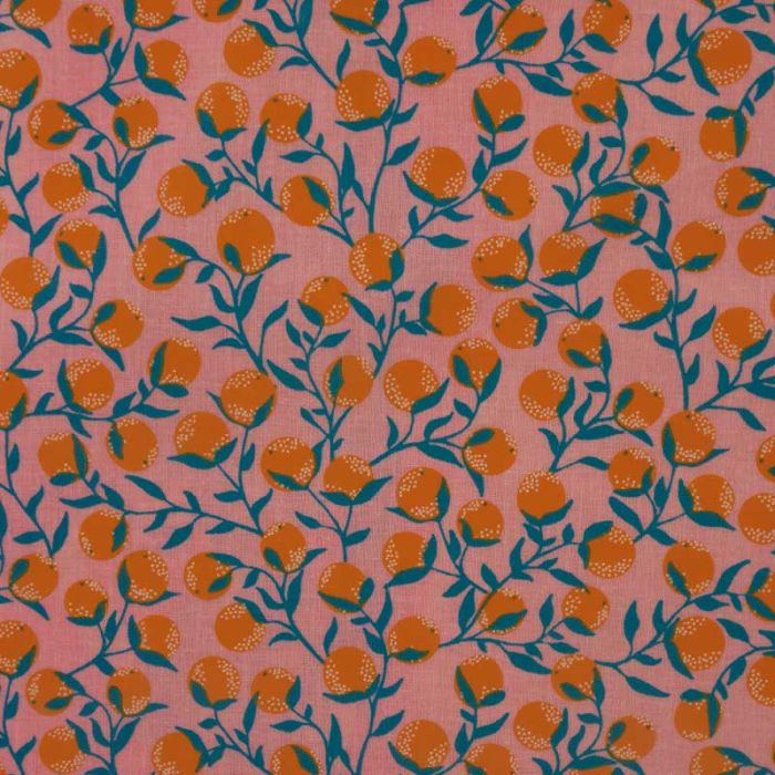 Tissu toile cirée fruits Oranges Rose- Au Maison x 10 cm