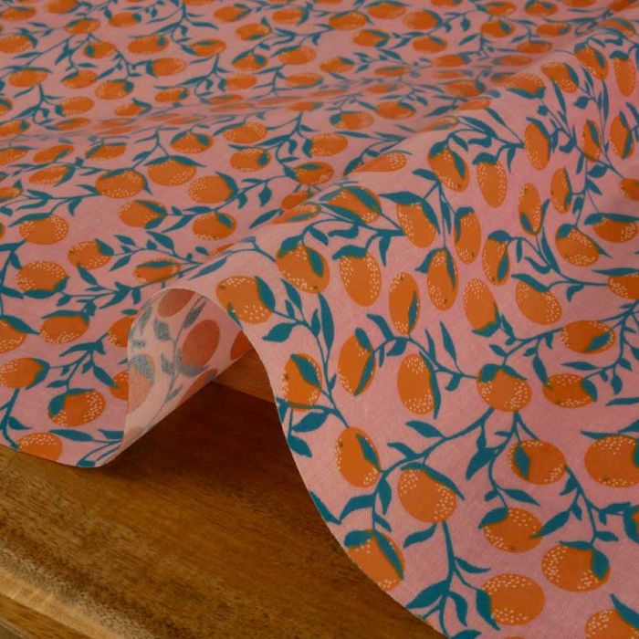 Tissu toile cirée fruits Oranges Rose- Au Maison x 10 cm